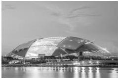 Sân vận động mái vòm và mô hình khung kết cấu mái vòm dạng ellipsoid nhìn từ bên ngoài