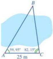 Tam giác ABC với AC = 25 m, góc BAC = 59,95° và góc BCA = 82,15°