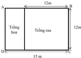 Sơ đồ mảnh vườn hình chữ nhật ABCD với phần trồng rau là hình vuông cạnh 12m và phần trồng hoa còn lại