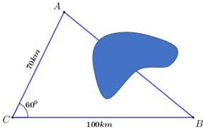 Sơ đồ tam giác ABC với AC = 70km, BC = 100km, góc C = 60° và hình ảnh ngọn núi ngăn cách