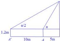 Hình vẽ minh họa góc nâng đến đỉnh cây từ điểm A và A' với khoảng cách 5m, 10m và chiều cao giác kế 1,2m