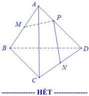 Hình vẽ minh họa tứ diện ABCD với các điểm M, P, N trên các cạnh