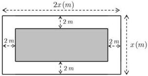 Sơ đồ khu vườn hình chữ nhật kích thước $2x (m) \times x (m)$ với lối đi rộng $2 m$ quanh viền, phần trong in đậm dùng để trồng hoa