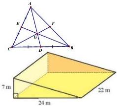 Hình vẽ minh họa cho Câu 14 (tam giác ABC với các đường trung tuyến) và Câu 15 (khối hình lăng trụ với kích thước 7 m, 24 m, 22 m)