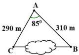 Sơ đồ tam giác ABC với góc tại A bằng 85 độ, AC = 290 m, AB = 310 m và cạnh CB đi qua đầm lầy