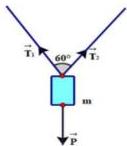 Sơ đồ vật khối lượng m treo bằng hai dây với hai lực căng \vec{T}_1, \vec{T}_2 hợp nhau góc 60^{\circ} và trọng lực \vec{P} hướng xuống