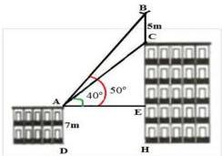Hình vẽ minh họa cột ăng-ten BC cao 5m trên nóc tòa nhà và góc quan sát 50° và 40° từ điểm A cao 7m