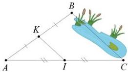 Sơ đồ tam giác ABC với K là trung điểm của AB, I là trung điểm của AC, đoạn KI nối và hồ nước ngăn cách B và C