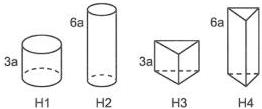 Bốn hình H1, H2, H3, H4 gồm hai hình trụ và hai hình lăng trụ tam giác đều