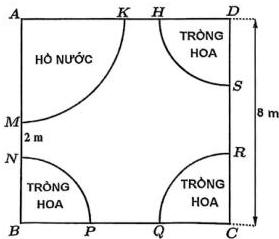 Sơ đồ mảnh đất hình vuông ABCD cạnh 8m với hồ nước MAK và các khu trồng hoa PBN, RCQ, HDS