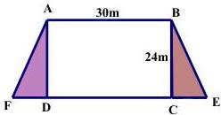 Khu đất hình thang cân ABEF với đáy AB = 30m, chiều cao BC = 24m, đáy EF gồm các đoạn FD, DC, CE
