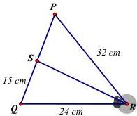 Hình vẽ tam giác PQR với S thuộc PQ, RS là đường phân giác, QS = 15 cm, QR = 24 cm, PR = 32 cm