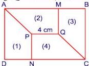 Hình chữ nhật ABCD chứa 4 hình thang vuông bằng nhau (1), (2), (3), (4) và đoạn PQ = 4 cm