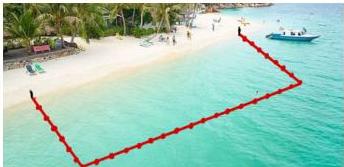 Minh họa khu vực tắm biển an toàn được quây bởi dây phao màu đỏ tạo thành ba cạnh hình chữ nhật, bờ biển là cạnh còn lại