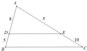 Hình vẽ tam giác ABC với DE // BC, AD = 8, DB = 5, AE = x, EC = 10