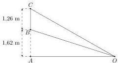 Hình vẽ minh họa màn hình BC thẳng đứng với BA = 1,62 m, BC = 1,26 m và điểm quan sát O trên mặt đất