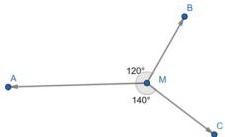 Sơ đồ ba lực $\overrightarrow{F_1}, \overrightarrow{F_2}, \overrightarrow{F_3}$ đồng quy tại điểm $M$ với $\widehat{AMB}=120^{\circ}$ và $\widehat{AMC}=140^{\circ}$