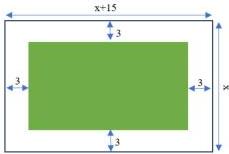 Sơ đồ mảnh đất hình chữ nhật chiều dài x+15, chiều rộng x với sân bóng mini tô đậm ở giữa cách mép 3 m xung quanh