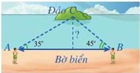 Hình vẽ minh họa bờ biển AB và đảo C với góc 35° tại A và 45° tại B