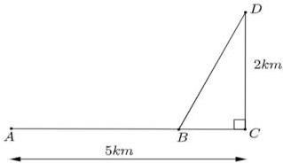 Sơ đồ đường dây điện với $AC = 5km$, $DC = 2km$ và $DC$ vuông góc với $AC$ tại $C$, điểm $B$ nằm giữa $A$ và $C$