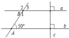 Hình bên với hai đường thẳng a, b vuông góc với c và cát tuyến AB tạo góc 50 độ