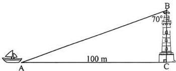 Hình vẽ con thuyền tại điểm A cách chân hải đăng C 100 m, ngọn hải đăng BC, tia sáng AB hợp với phương thẳng đứng tại B một góc 70 độ