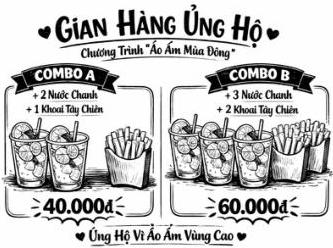 Gian hàng ủng hộ Chương trình “Áo Ấm Mùa Đông” với Combo A gồm 2 Nước Chanh + 1 Khoai Tây Chiên giá 40.000đ và Combo B gồm 3 Nước Chanh + 2 Khoai Tây Chiên giá 60.000đ