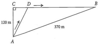 Hình vẽ tam giác vuông tại C với AC = 120m, AB = 370m và điểm D trên cạnh CB