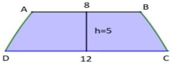 Mảnh đất hình thang cong ABCD với đáy trên AB = 8, đáy dưới DC = 12, chiều cao h = 5