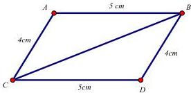 Hình vẽ tứ giác ABDC có AB = CD = 5cm, AC = BD = 4cm và đường chéo BC