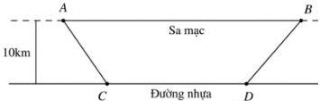 Sơ đồ đoạn AB trên sa mạc và đường nhựa song song cách AB 10km với các điểm C, D