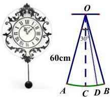 Minh họa đồng hồ quả lắc và sơ đồ dao động của con lắc với tâm O, bán kính 60cm, góc 30 độ, cung AB và điểm D