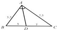 hình vẽ tam giác ABC với đường phân giác AD, AB = 3,5 cm, AC = 7,5 cm, BD = x, DC = y