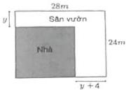 Sơ đồ mảnh đất hình chữ nhật 28m x 24m với phần diện tích làm nhà và sân vườn, kích thước sân vườn được kí hiệu y và y+4