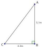 Sơ đồ tam giác vuông ABC vuông tại B với AB = 3,1m, BC = 2,2m mô phỏng cây bị gãy