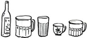 Hình vẽ dãy vật dụng gồm chai, vại to, cốc, chén và vại nhỏ xếp theo thứ tự