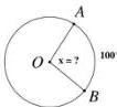 hình tròn tâm O với cung nhỏ AB bằng $100^\circ$ và góc ở tâm $x = \widehat{AOB}$