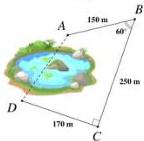 Sơ đồ đường gấp khúc ABCD với AB = 150 m, BC = 250 m, CD = 170 m, góc ABC = 60 độ, BC vuông góc với CD và đoạn AD nối bằng nét đứt qua hồ