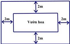 Sơ đồ mảnh đất hình chữ nhật với vườn hoa ở giữa và lối đi xung quanh rộng 2 m