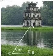 Hình vẽ minh họa tam giác vuông ABC vuông tại B với góc C bằng 75 độ và Tháp Rùa