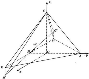 Hình vẽ hệ trục tọa độ Oxyz với đỉnh S trên trục Oz và các điểm A, B, B', C, C', H, O