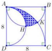 Hình vuông $ABCD$ kích thước $8 \times 8$ với các cung tròn và tam giác cong $AHK$ tô đậm