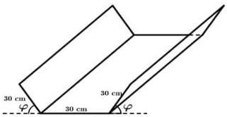 Hình minh họa máng nước và mặt cắt ngang hình thang cân ABCD với các cạnh 30 cm và góc $\varphi$
