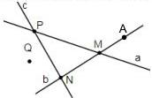 Hình vẽ ba đường thẳng a, b, c cắt nhau tại các điểm P, M, N và điểm A, Q