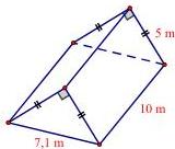 Hình trại hè dạng lăng trụ đứng tam giác với các kích thước 5 m, 10 m, 7,1 m