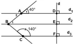 Hình vẽ ba đường thẳng d1, d2, d3 cùng vuông góc với đường thẳng d tại D, E, F và cát tuyến qua A, B, C