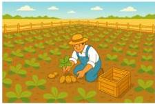 Mảnh đất trồng khoai và người nông dân đang thu hoạch khoai