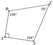 hình vẽ tứ giác DEFC với góc vuông tại E và các góc 108 độ, 58 độ, 104 độ