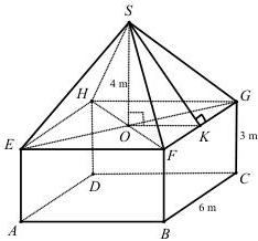 sơ đồ hình học chiếc lều với đỉnh S, đáy ABCDEF, các kích thước 4 m, 3 m, 6 m