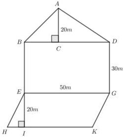 Mảnh đất nhà ông Nam gồm phần đất hình tam giác ABD, phần đất hình chữ nhật BDGE và phần đất hình bình hành EGKH